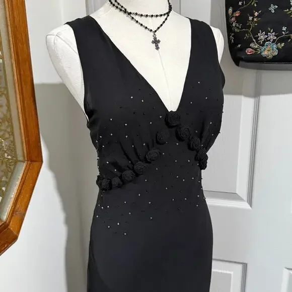 NWT VTG Y2K Karen Kane Black Silk Rosette Beaded Plunge Dark Fairy Maxi Dress L - Picture 2 of 8